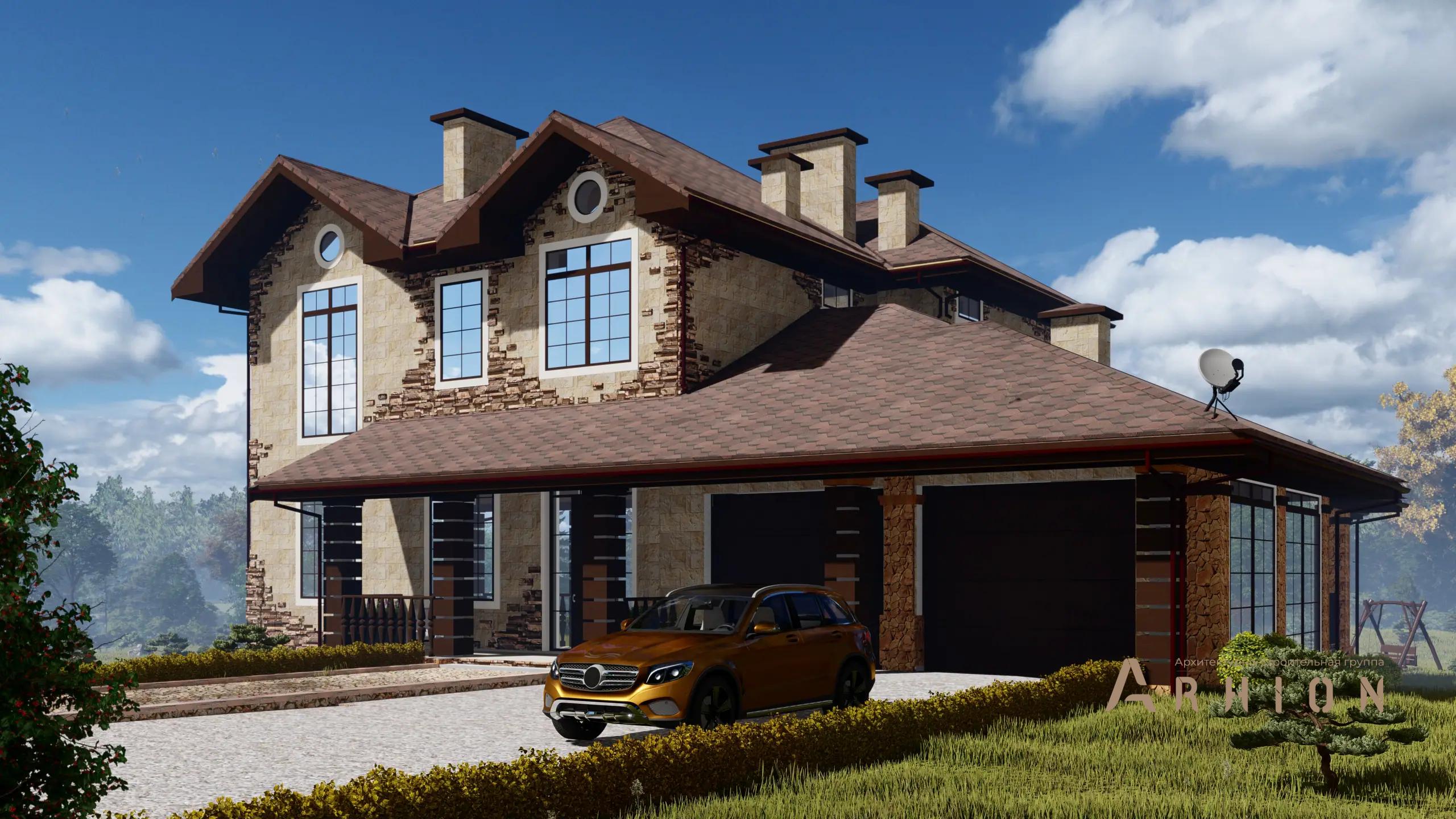 4. Проект двухэтажного дома в европейском стиле с многоскатной кровлей, h-1613, площадью - 642 кв c цокольным этажом, сауной, терассой, балконом, гаражом